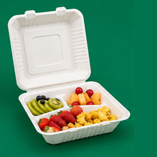 Bagasse Burger Meal Boxes 9×9″ 3 Comp (1)