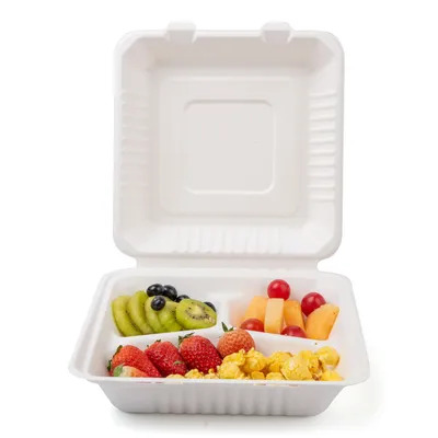 Biodegradable Sugarcane Bagasse 9 Inch 3 Compartment Burger Hamburger Box