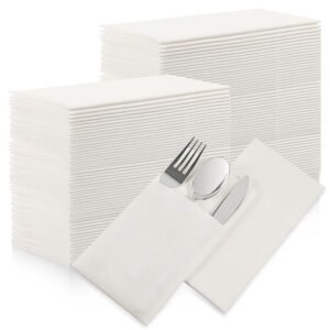 White Dinner Napkins Disposable 100Pack Linen Feel Paper Napkins with Built in Flatware Pocket Prefolded Cloth Like Paper Napkins Bulk For Dinner Wedding Party or Everyday Use